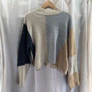 Blu Pepper‎ Colorblock Mock Neck Sweater S Cozy Knit Pullover Texture Neutral
